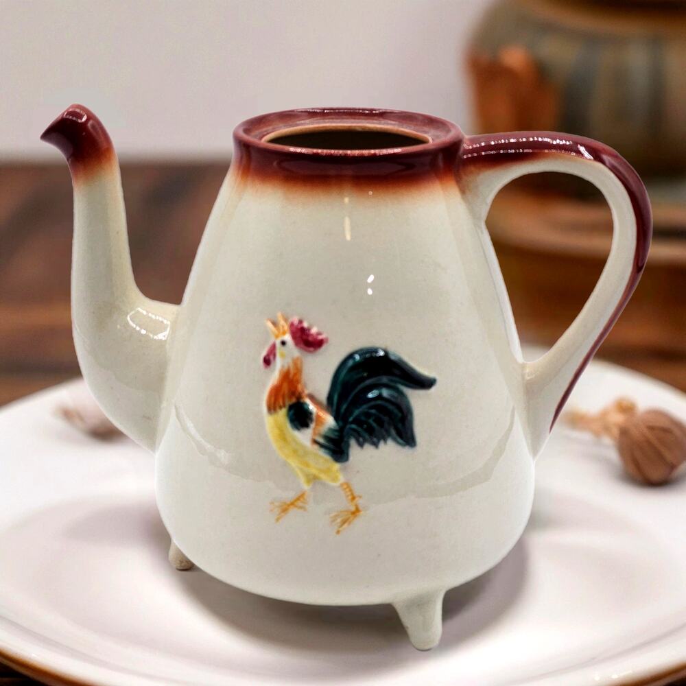 Vintage Rooster Ceramic Teapot Tripod Legs Farmhouse